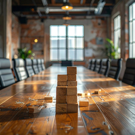 In the quiet of an empty boardroom, wooden blocks are stacked on a polished table, symbolizing the step-by-step process of building a successful business strategy.の素材