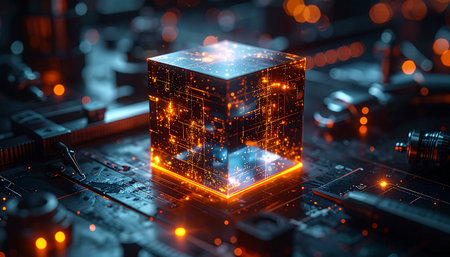 A powerful quantum computing core glows with immense processing power, resting on a complex motherboard.の素材
