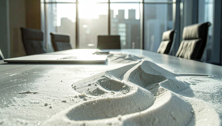 In a sunlit, empty boardroom high above the city, the conference table is transformed into a miniature desert landscape with sculpted sand dunes.の素材