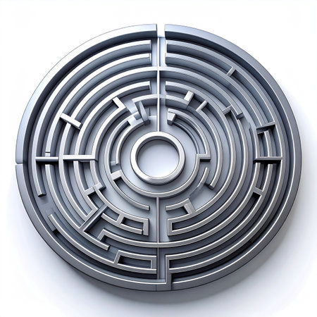A complex, metallic circular maze viewed from above on a clean white background.の素材