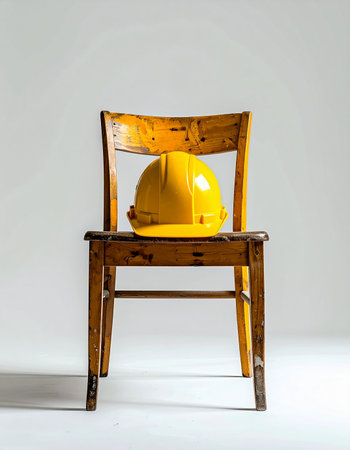 A yellow hard hat sits on a worn wooden chair, symbolizing the end of a long day of labor.の素材