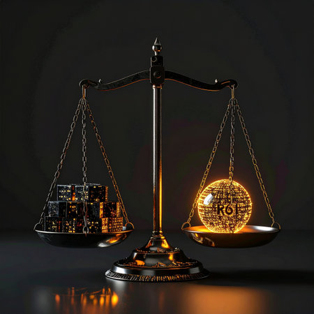 A classic balance scale weighs a stack of coins against a glowing orb representing ROI (Return on Investment).の素材