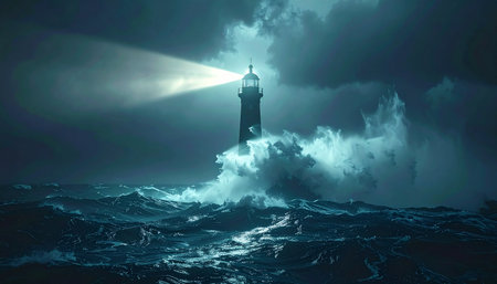 A solitary lighthouse stands firm against the fury of a raging tempest.の素材