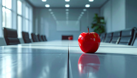 In the quiet stillness of an empty boardroom, a single red apple sits at the head of the table.の素材
