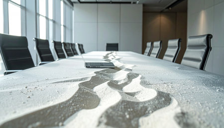The meeting was adjourned indefinitely. Now, only silence and shifting sands occupy the modern conference room, a surreal testament to a forgotten era.の素材