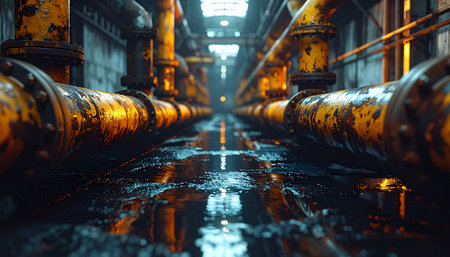 A low-angle view captures the gritty atmosphere of an underground industrial complex. Corroded pipes line a dark, wet corridor, their rusty surfaces reflecting in the puddles on the floor.の素材