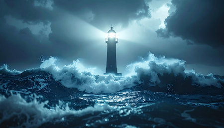 A solitary lighthouse stands firm against the fury of a tempestuous sea, its powerful beam cutting through the dark, stormy night.の素材
