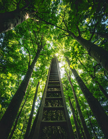 From a low-angle perspective, a wooden ladder stretches endlessly upwards into the sun-drenched canopy of a lush green forest.の素材