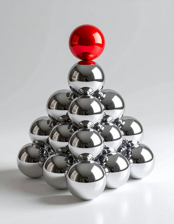A single red sphere sits at the pinnacle of a pyramid of silver balls, symbolizing leadership, individuality, and success.の素材
