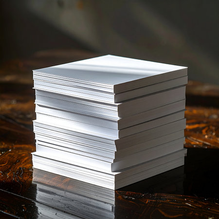 A pristine stack of blank white cards sits on a dark, polished wooden desk, bathed in soft light. Each empty sheet represents a new idea or a fresh start, waiting for inspiration.の素材