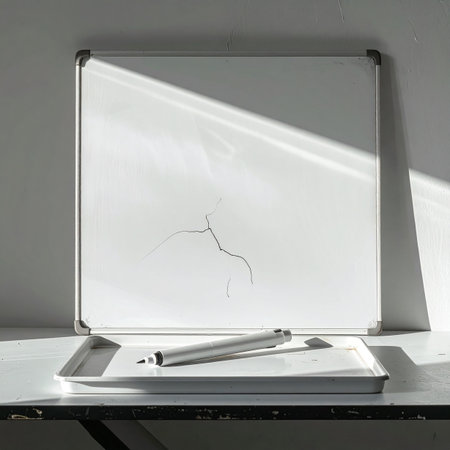 In the stark, unforgiving light of day, a cracked whiteboard stands as a silent monument to a broken idea.の素材