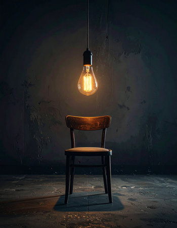 In a dark, quiet room, a single vintage light bulb casts a warm glow on an empty wooden chair.の素材