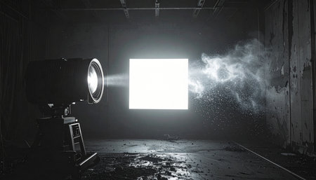 In a forgotten, dusty warehouse, an old film projector hums to life.の素材