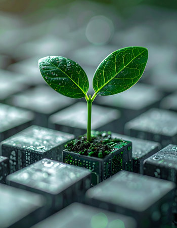 A tiny green seedling emerges from the key of a modern computer keyboard, symbolizing the powerful synergy between nature and technology.の素材