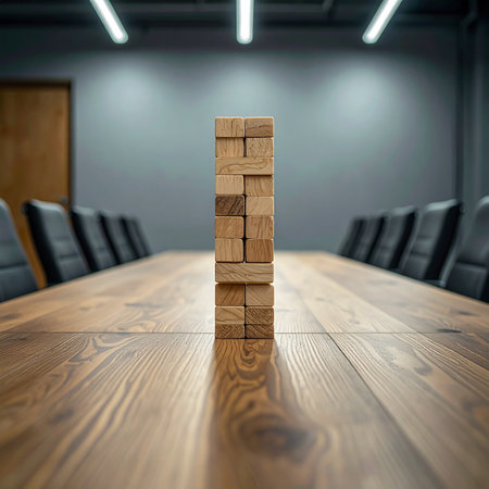 In a quiet boardroom, a tower of wooden blocks stands as a powerful metaphor for business strategy and risk. Each block represents a critical decision, a calculated move in a high-stakes game.の素材