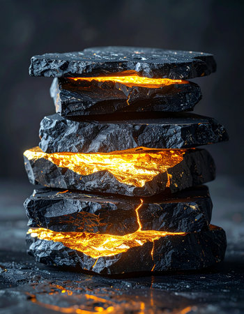 A tower of dark, rough stones balances precariously, unable to contain the immense primordial energy glowing from within.の素材