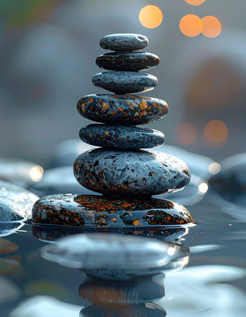 A tower of carefully balanced, wet stones stands firm in still water, reflecting the soft, warm lights of a tranquil evening.の素材