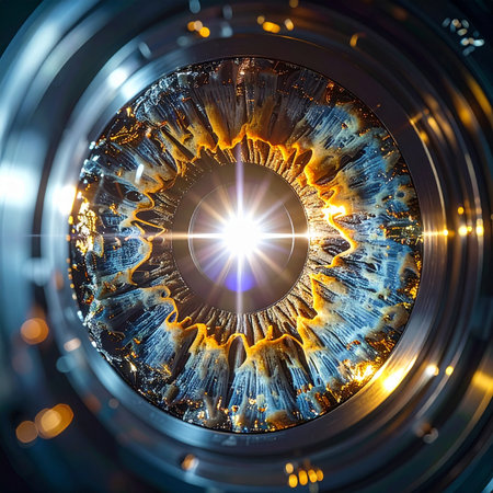 A brilliant star of light ignites at the center of a complex mechanical iris, symbolizing the dawn of a new artificial consciousness.の素材