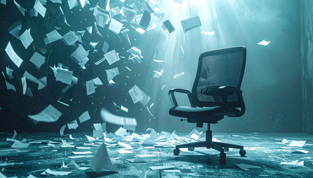 In a dramatically lit, dark room, an empty office chair sits as the sole point of stillness amidst a whirlwind of flying documents.の素材