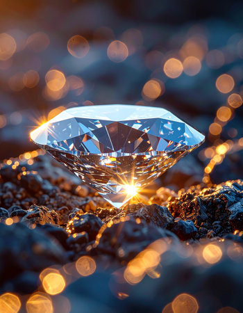 A flawless, brilliant-cut diamond rests upon a bed of rough, dark rock, illuminated from within by a mysterious golden light.の素材