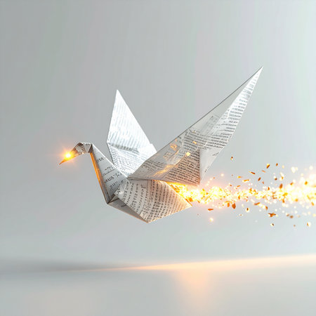 An origami crane, crafted from the intricate patterns of a circuit board, takes flight.の素材