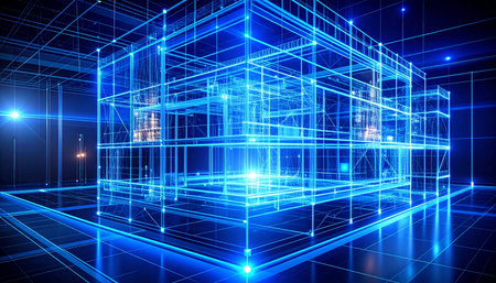 A luminous 3D wireframe model represents a complex data structure or digital architecture, glowing with blue energy.の素材