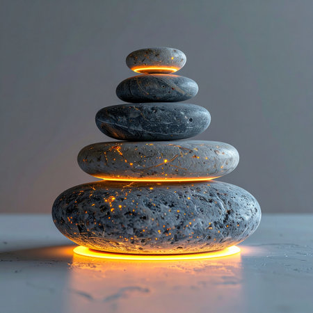 A perfectly balanced stack of smooth stones radiates a warm, internal light, symbolizing the harmony and powerful energy found within.の素材