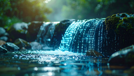 In a tranquil, sun-dappled forest, a stream of glowing binary code cascades over mossy rocks, merging the organic beauty of nature with the logical flow of digital information.の素材
