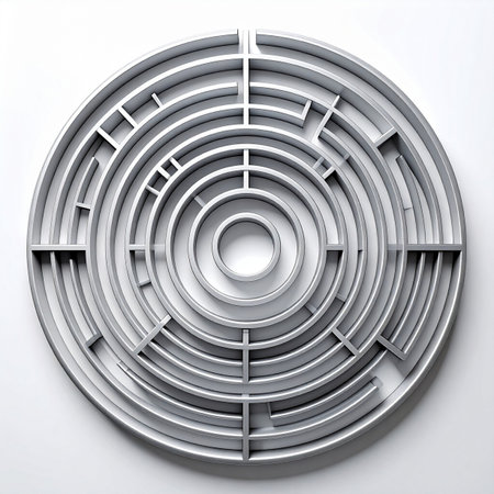 A top-down view of a complex, circular 3D maze isolated on a white background.の素材