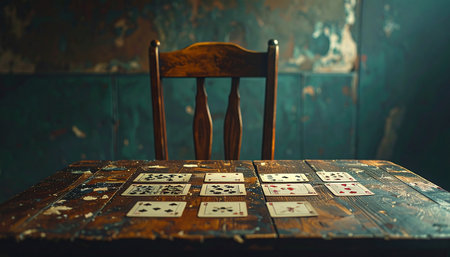 The game is over, but the story remains. Playing cards are scattered across a dusty, worn table in a dark, abandoned room.の素材