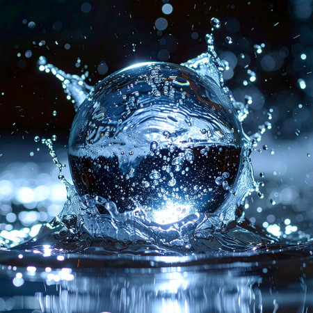 A crystal clear sphere makes a dramatic impact, sending a crown of shimmering blue water droplets into the air.の素材