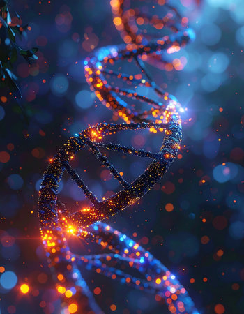 A luminous double helix of DNA spirals through a digital cosmos, with glowing particles representing the vast flow of genetic information.の素材