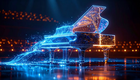 In a concert hall of the future, a grand piano composed of pure digital energy and light awaits its performer.の素材