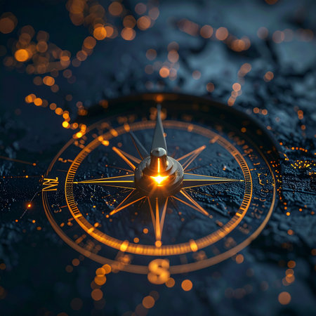 In the darkness of uncertainty, a luminous compass emerges, its golden needle pointing towards a future of innovation and discovery.の素材