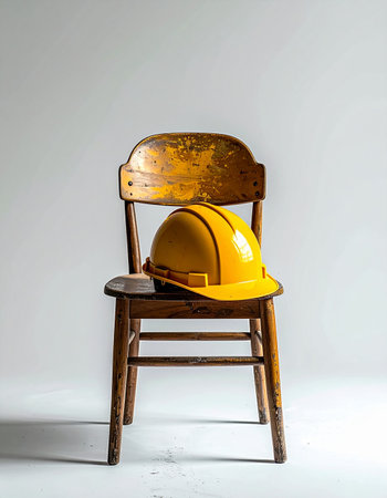 A yellow hard hat sits on a worn wooden chair, symbolizing the end of a long day of labor.の素材