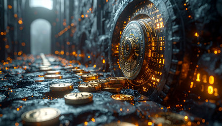 Golden cryptocurrency coins pave a path toward a heavily fortified digital vault, its intricate circuits glowing with binary code.の素材