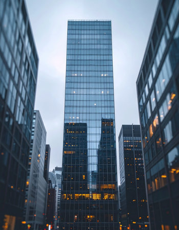 From a low angle perspective, a towering glass skyscraper pierces the overcast sky, its modern facade reflecting the cool tones of dusk.の素材