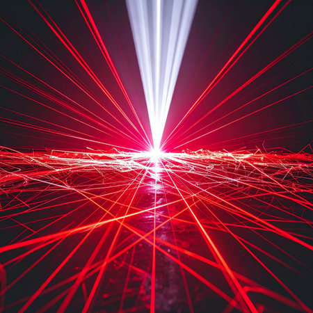 A central point of brilliant white light erupts, sending a chaotic web of vibrant red laser beams across a reflective surface.の素材