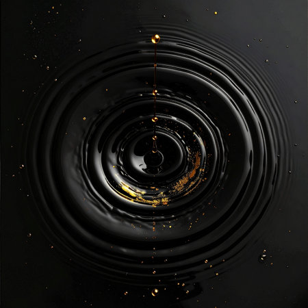 A single, precious drop of gold makes a dramatic impact, sending elegant concentric ripples across a dark, glossy liquid surface.の素材