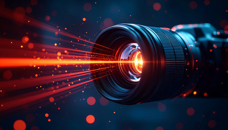 A powerful beam of red light, representing high-speed data and information, streams through the advanced optics of a modern camera lens.の素材