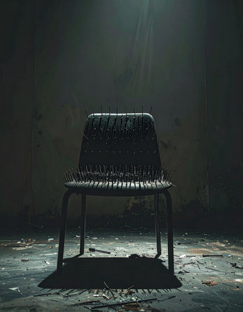In the oppressive silence of a forgotten room, a single spotlight cuts through the darkness, illuminating an empty chair.の素材