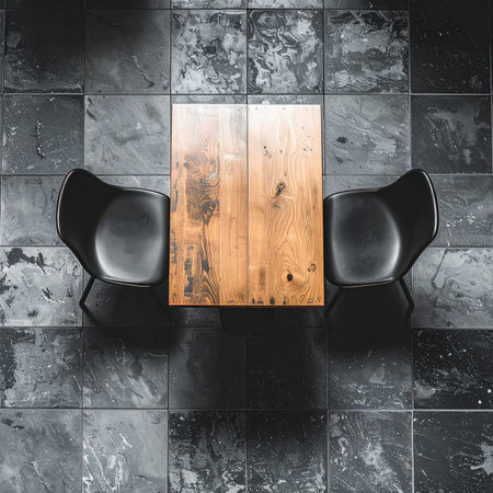 An overhead view captures the stark symmetry of a modern meeting space. Two empty black chairs face each other across a rustic wooden table, set against a dark, textured slate floor.の素材