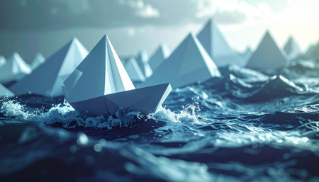 A lone paper boat bravely navigates the turbulent waves of a stormy sea, part of a larger fleet sailing towards a hopeful light.の素材