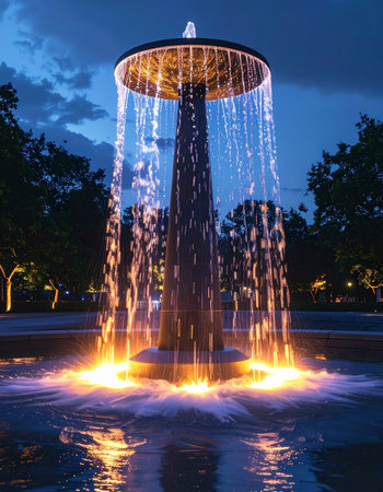 As twilight deepens, a modern fountain becomes a beacon of light and tranquility.の素材