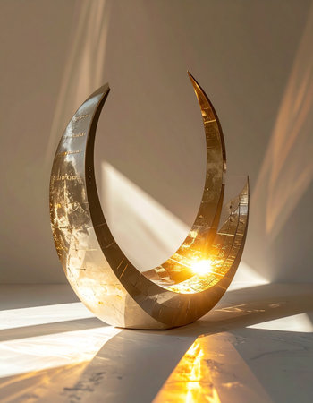 A modern, handcrafted metal sculpture catches the morning sun.の素材