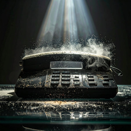 In a dark, forgotten space, a single beam of light cuts through the gloom, illuminating an old, dust-covered telephone.の素材