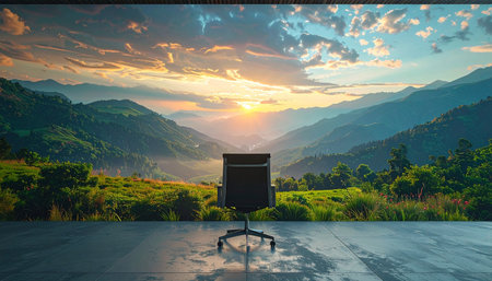 An empty office chair sits on a reflective surface, facing a breathtaking mountain valley at sunrise.の素材
