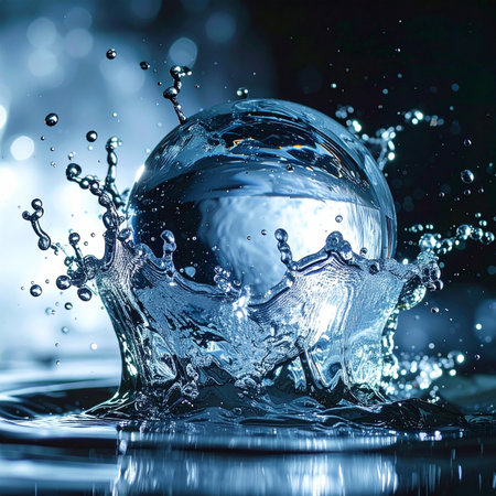 A crystal-clear sphere makes a dramatic impact, plunging into calm blue water.の素材