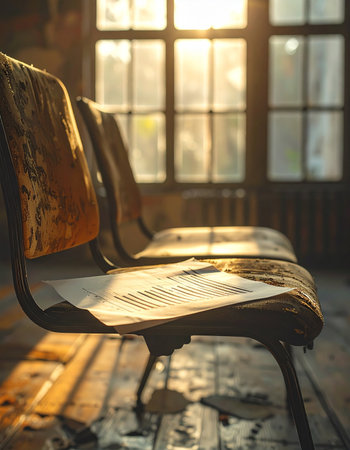 In a forgotten room, a row of empty chairs sits bathed in the warm glow of the setting sun.の素材