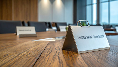 The polished wooden boardroom table is set for a high-stakes meeting. Nameplates are perfectly arranged, awaiting the arrival of key executives to discuss strategy and make critical decisions.の素材
